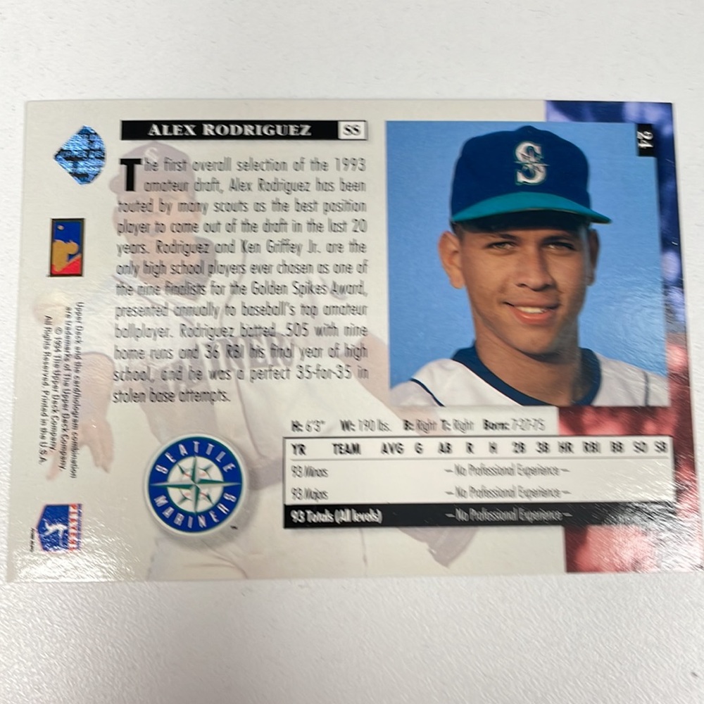 Alex Roderiguez 1994 Upper Deck Star Rookie Card #24 Mariners - Picture 5 of 7